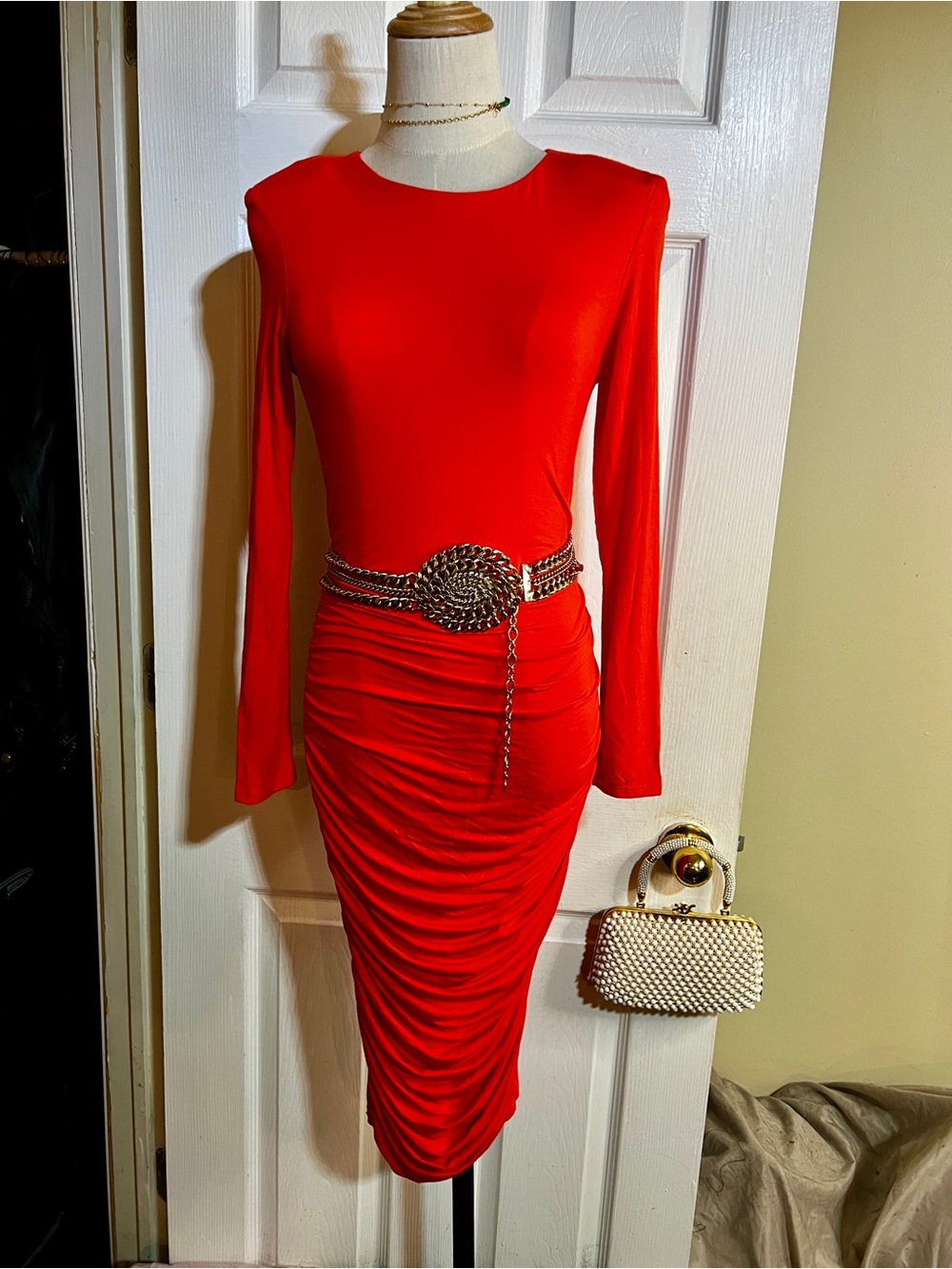 New J Luxlabel Wms Orange Jersey Ruched Long Sleeve Bodycon Midi Dress S